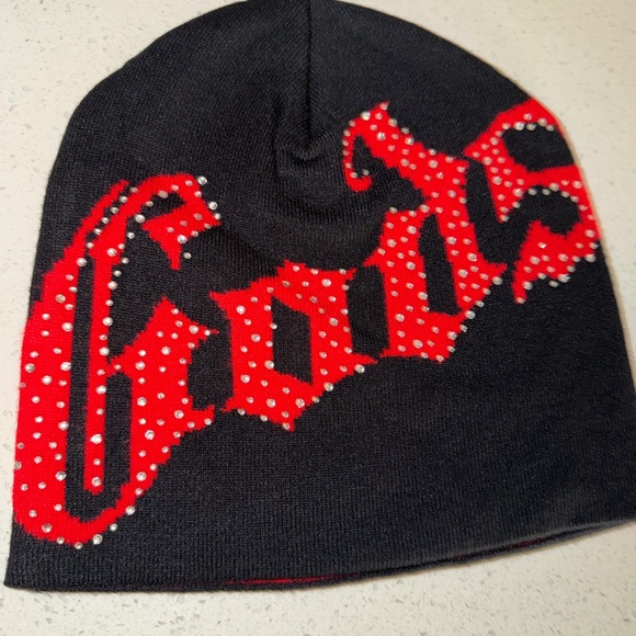 Studded Beanie in Black/Red Color – Fresh Society Godspeed Black Beanie with Red Studded Script